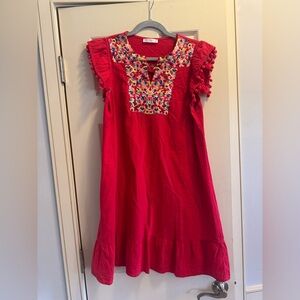 Women’s Red Embroidered Casual Dress with Pom Sleeve Detail